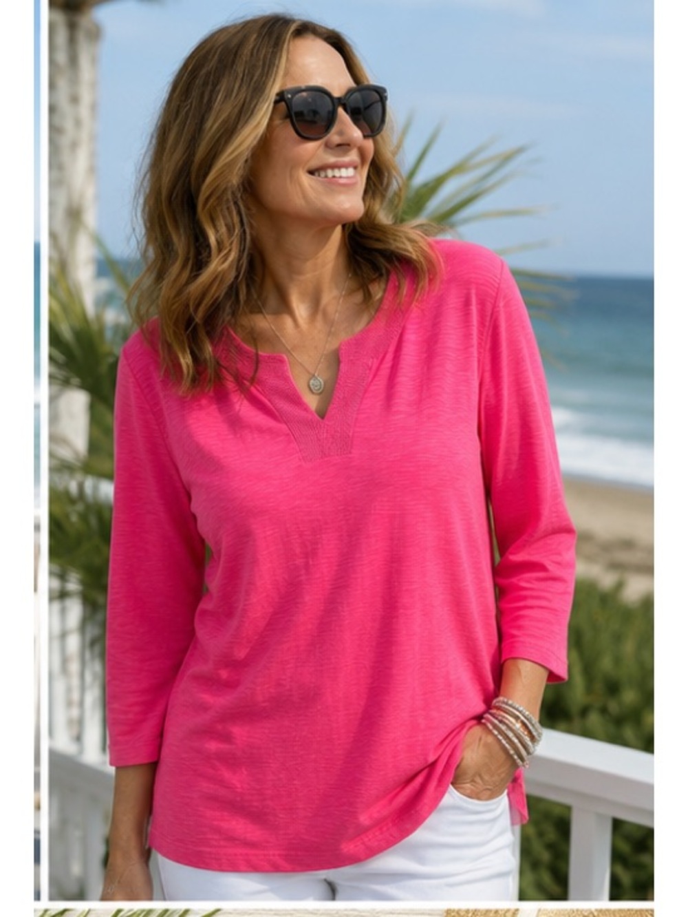 Allison Daley Pink Textured Split Neck Tunic Top Medium